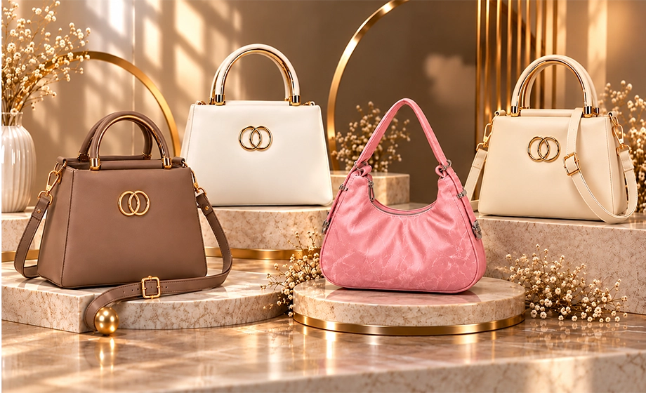 Women's handbag collection featuring brown, white, beige and pink bags