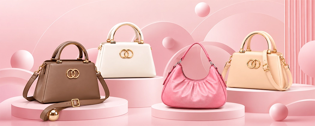 Women's handbag collection featuring brown, ivory, beige, and pink bags with elegant gold-tone details on a blush pink background
