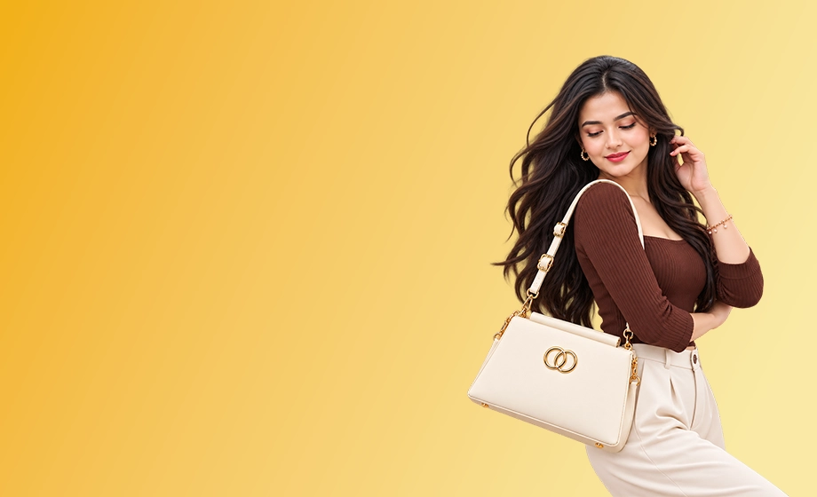Woman wearing a modern brown top and ivory trousers with an ivory shoulder bag and gold-tone hardware