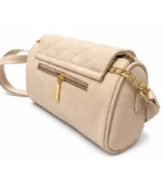 Beige quilted bag with gold-tone chain detail and adjustable strap