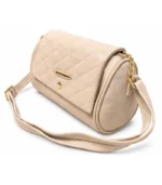 Beige quilted bag with gold-tone chain detail and adjustable strap