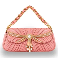 Glamorous pink women's party bag with crystal embellishments and gold detailing