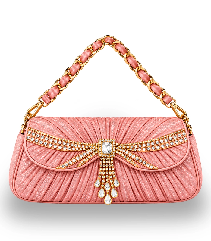 Glamorous pink women's party bag with crystal embellishments and gold detailing