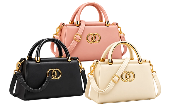 Black, blush pink, and ivory women's handbags with gold-tone hardwar